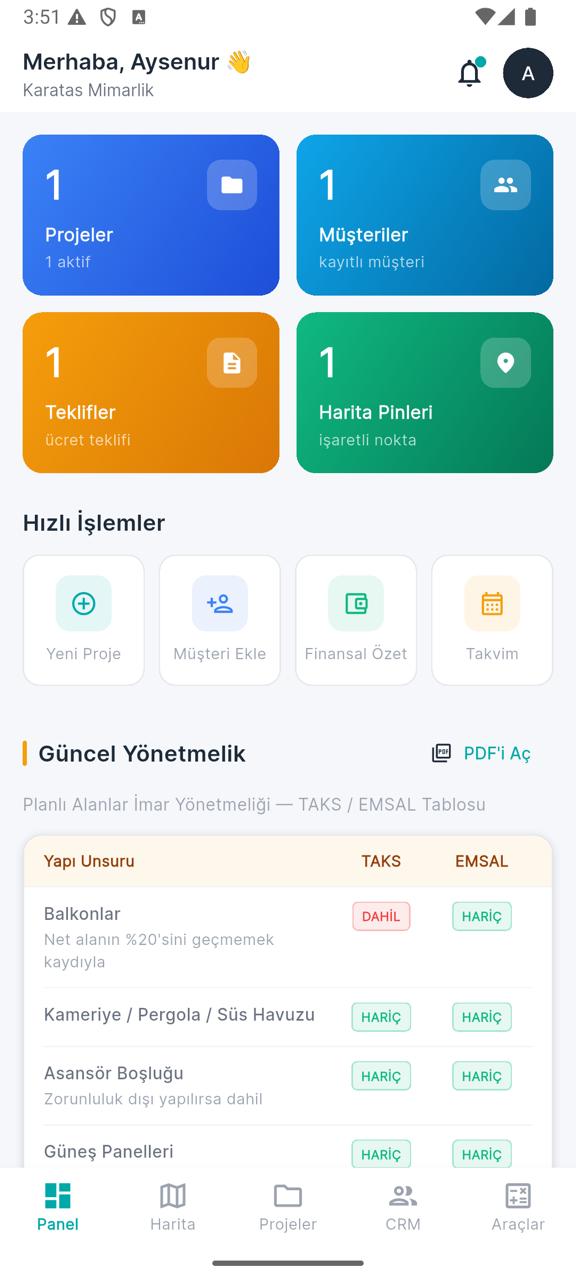 İmarım Ana Panel – Projeler, Müşteriler, Teklifler